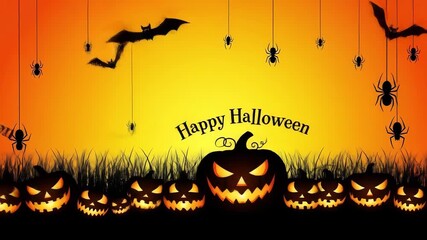 Spooky Halloween night scene with carved pumpkins, bats, and spiders against an orange sky, perfect for festive holiday videos