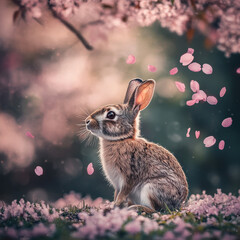 Wild rabbit sitting among delicate cherry blossoms, soft pink petals falling, warm springtime lighting, cinematic fine art wildlife photography, ultra-detailed textures 