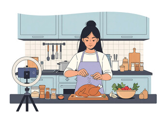 Woman recording cooking video in kitchen, social media concept