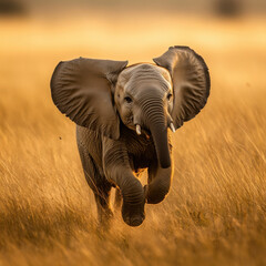 Young elephant running joyfully through the grasslands, playful energy, soft focus background, ultra-detailed textures, stunning wildlife photography, joyful atmosphere 