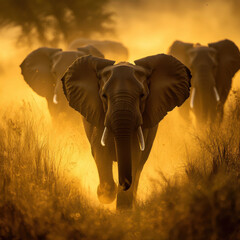 Young elephant trailing behind its herd through a sun-drenched grassland, delicate dust particles in the air, soft golden hues, ultra-detailed National Geographic shot 