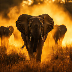 Young elephant trailing behind its herd through a sun-drenched grassland, delicate dust particles in the air, soft golden hues, ultra-detailed National Geographic shot 