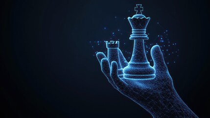 Hand holding digital chess queen, rook; dark background; strategy concept