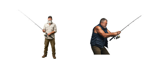 Fishing action with experienced anglers outdoor setting portraits dynamic environment perspective isolated set PNG