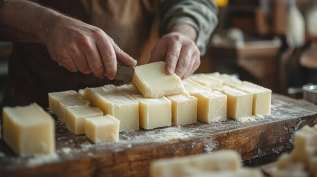 Artisan cutting handmade soap blocks in workshop