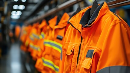 Orange safety jackets hanging in industrial facility; background blurred