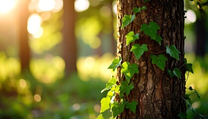 Obraz premium Sunlight streams through a forest, highlighting a tree trunk covered in vibrant green ivy leaves.