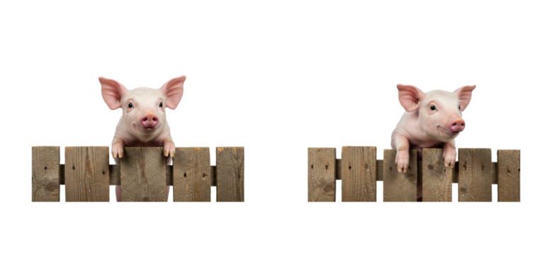 Playful piglets peeking over a wooden fence in a farm environment for animal lovers isolated set PNG