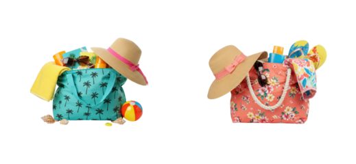 Summer fun essentials colorful beach bags filled with vacation gear outdoor setting lifestyle isolated set PNG