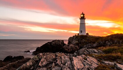 Fototapeta premium Dramatic lighthouse at sunset over rocky coast