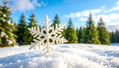 A delicate, decorative snowflake rests on a pristine snow-covered landscape, bathed in sunlight, amidst a backdrop of evergreen trees.