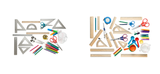 Creative school supplies arrangement classroom desk organized environment top-down educational concept isolated set PNG