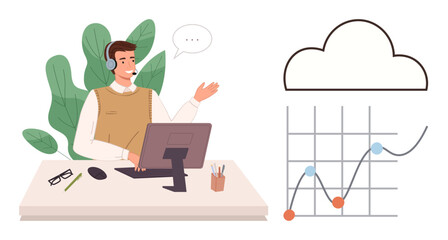 Man wearing headset engaging in a conversation, gesturing while seated at desk, graph with cloud icon. Ideal for remote work, data analysis, tech support, communication, teamwork, presentation