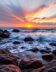 Obraz premium Coastal Sunset with Rocks and Waves