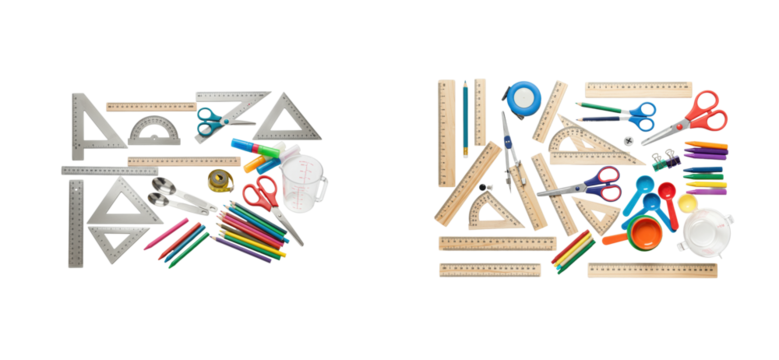 Creative school supplies arrangement classroom desk organized environment top-down educational concept isolated set PNG