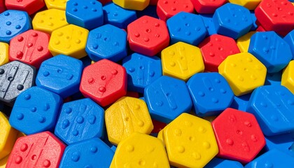 Colorful hexagonal shapes, a vibrant collection of various colors including red, blue, yellow and black, creating a textured pattern.