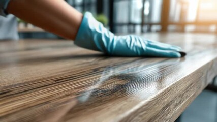 Gloved hand wipes down a textured, wood-grain table surface