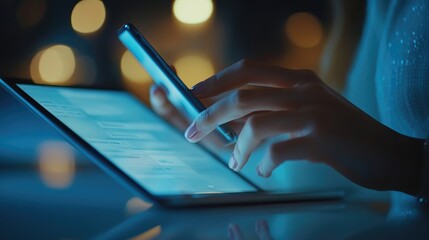 Close up of businesswoman hand using mobile phone: Searching information during online working on laptop computer and digital tablet on office table, internet networking, business planning.