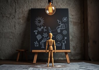 A wooden figure faces a chalkboard with scientific sketches, under a bright lightbulb, representing creativity and innovative thinking.