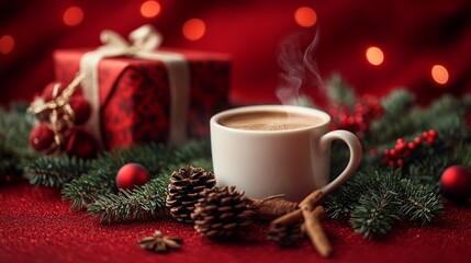 Warm and inviting, this festive scene features a steaming cup of coffee surrounded by pine cones, cinnamon sticks, and holiday decorations, perfect for cozy winter vibes.