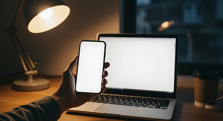 Person holding smartphone with blank screen near laptop and desk lamp at night hand mobile