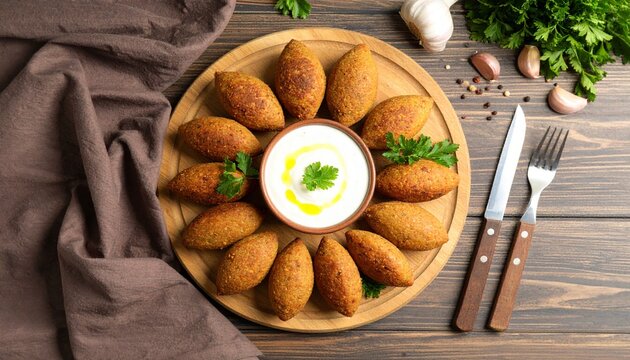 Top view of delicious Middle Eastern kibbeh served with dipping sauce on a rustic wooden table