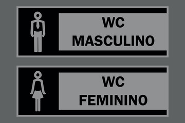 WC Masculino e Feminino. Placas Retangulares para Banheiro nas Cores Preto e Cinza.
