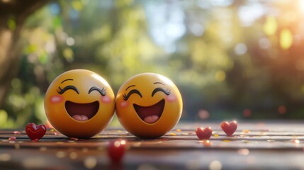 Joyful emojis sharing affection on a wooden surface under a sunny sky
