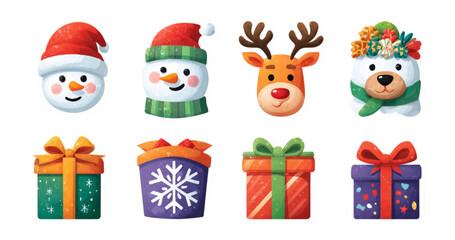 Naklejka premium Colorful Christmas Character Clipart with Gifts on Transparent Background