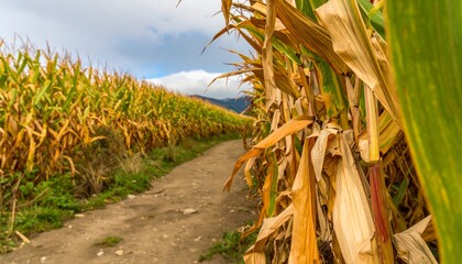 A pathway winds through a field of dried corn stalks, showcasing the rich hues of autumn.