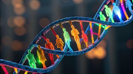 A vibrant DNA strand features colorful silhouettes of people, symbolizing the connection between genetics and human diversity.
