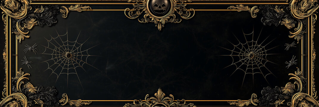 Halloween black gold frame with spiderwebs and pumpkin background design