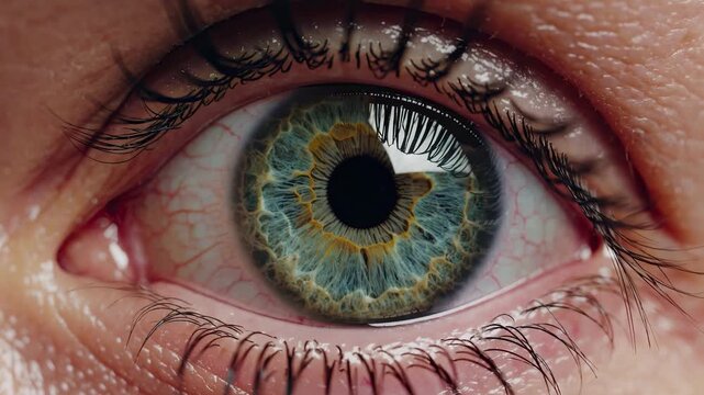 Extreme closeup of a green human eye showing intricate iris details and lashes