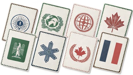 A collection of passport covers featuring various national symbols and emblems, showcasing a colorful display of international identity.