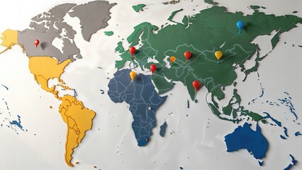 Obraz premium A colorful world map with markers highlighting various locations across different continents.