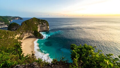 Panoramic view of a secluded beach nestled within a dramatic coastal landscape at sunrise, showcasing turquoise water and lush greenery.