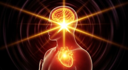 Radiant Human Consciousness - Glowing Brain, Heart, and Third Eye Energy Burst.