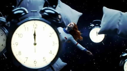 Surreal dream sequence of a woman floating through a starry space with alarm clocks and pillows. - Powered by Adobe
