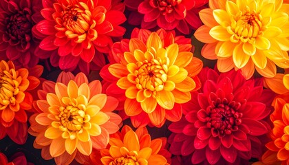 Vibrant display of orange and red dahlias, showcasing intricate details and a rich autumnal palette.