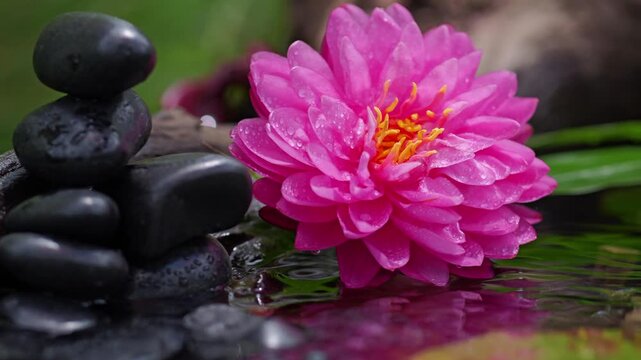 Relaxing Pink Lotus with Zen Stones and Flowing Water Sound for Spa and Meditation