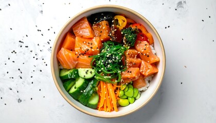 Colorful bowl of poke with rice, fish, and vegetables