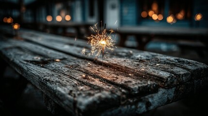 Sparkler burning on a weathered wooden picnic table with blurred background lights.