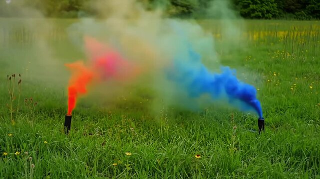 Vibrant red and blue smoke bombs releasing colorful plumes in a lush green outdoor field for special effects photography
