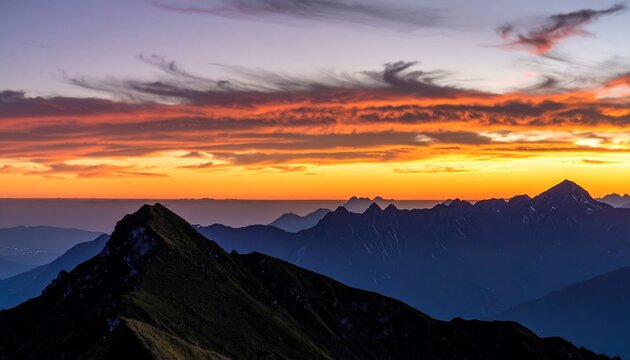 A breathtaking mountain range bathed in the warm hues of a vibrant sunrise.