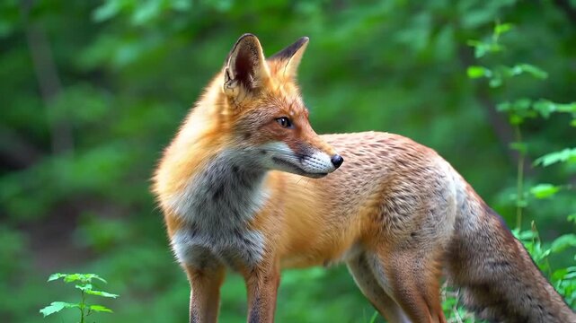 Beautiful Alert Red Fox with Vibrant Orange Fur Standing in Lush Green Forest Natural Habitat Wildlife Photography