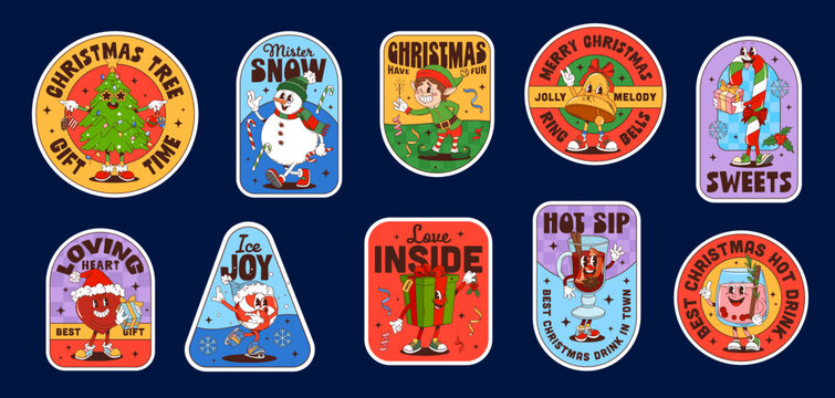 Christmas groovy label stickers, winter holiday patches set. Festive retro badges with cartoon Xmas tree, snowman, elf, candy cane, heart, drinks and gifts with joyful faces, cheerful wintertime vibes