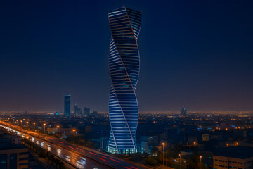 Al Majdoul Tower in Riyadh Saudi Arabia at night with traffic