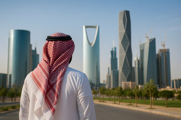 Saudi Arabian Man in Traditional Dress Overlooking Riyadh City Skyline