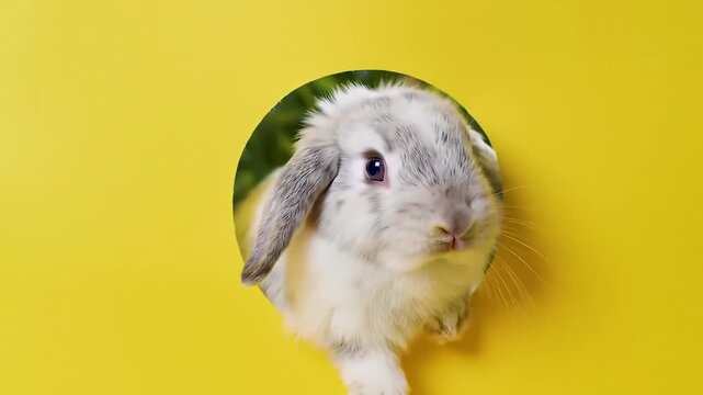 Playful white and grey lop-eared bunny peeking out of a round hole in a bright yellow background. Cute pet rabbit.