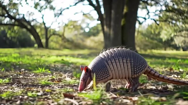 Nine-banded armadillo actively foraging in a bright, sunny green field with large trees in the background, natural wildlife photography